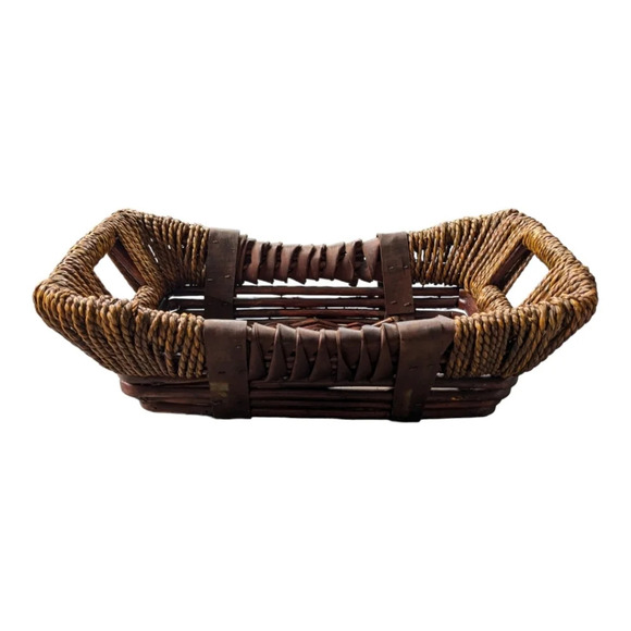 Wooden  Wicker Straw Wrapped Rectangular Basket - Picture 2 of 8